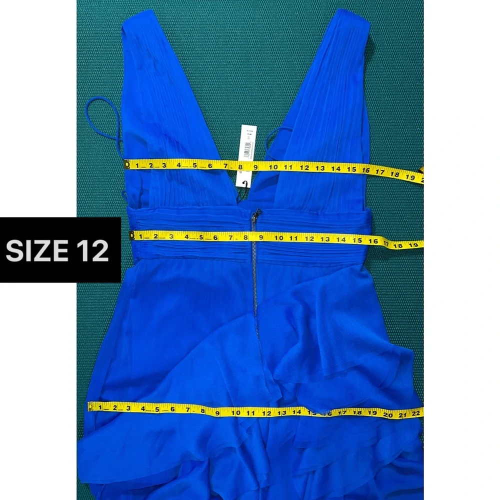 Alice + Olivia Holly Low Neck Asymmetric Ruffle Sapphire Blue Maxi Dress - Picture 10 of 12